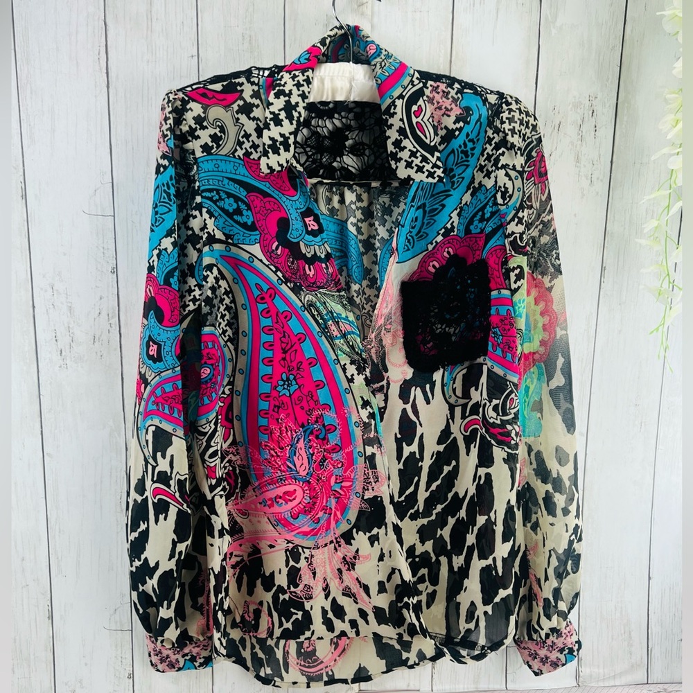 BISOU BISOU High Low Long Sleeve Blouse Career Office Casual Sheer Lace Size XS